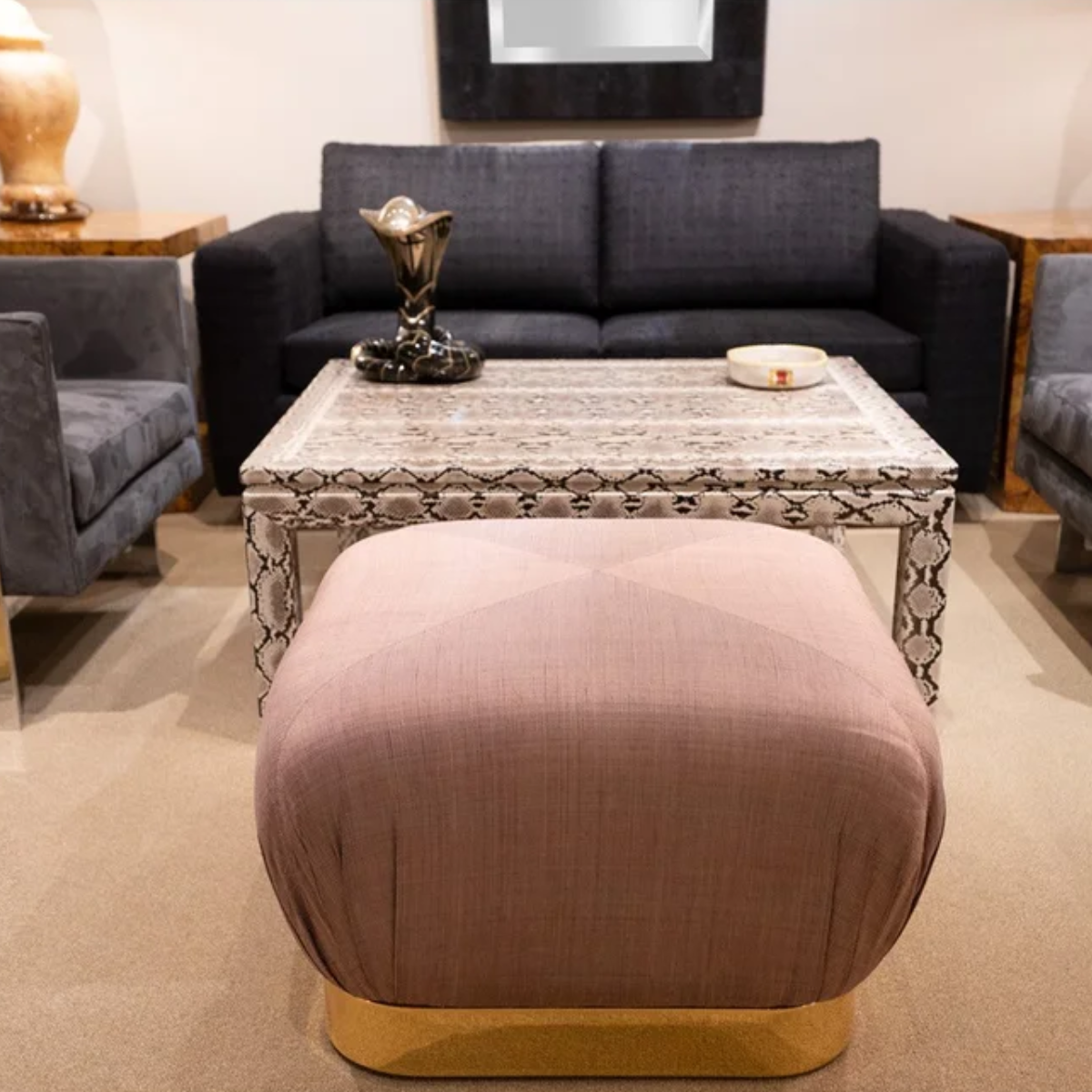 Karl Springer "Souffle Ottoman" with Brass Base and Silk Upholstery 1980s